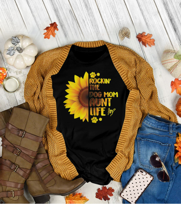 Rockin' The Dog Mom Aunt Life Sunflower Paw Prints T-Shirt