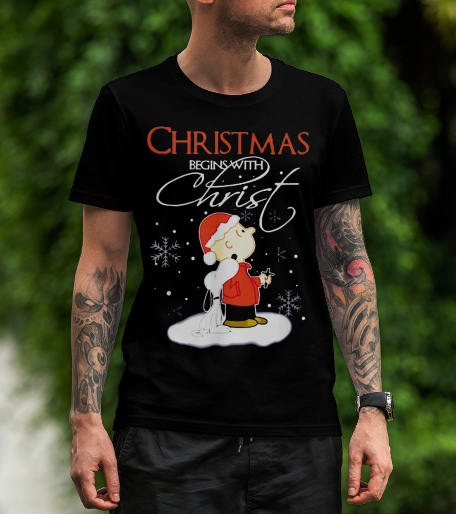 Christmas Begins With Christ Xmas Holiday Boy And Dog With Snowflakes T-Shirt