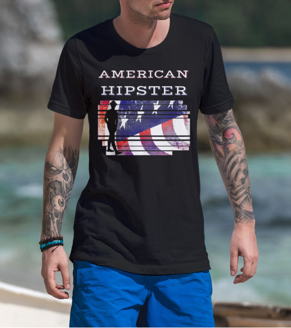 American Hipster Silhouette With Distressed US Flag Background T-Shirt