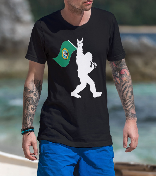 Bigfoot Holding Washington State Flag Rock And Roll Gesture T-Shirt