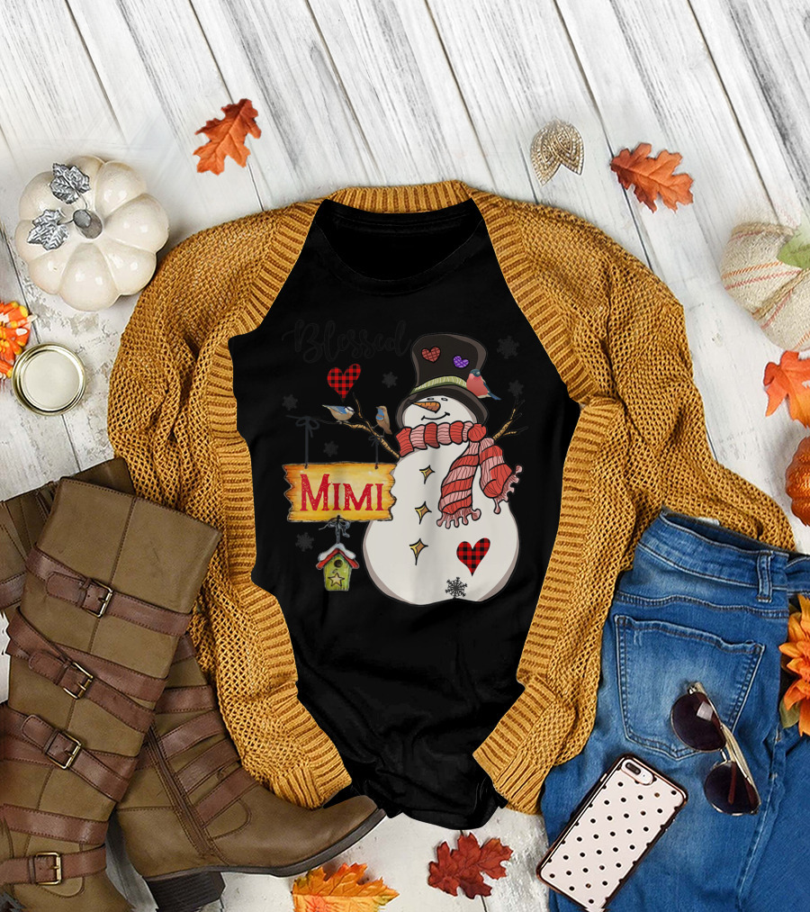 Blessed Mimi Snowman Grandma Christmas Family T-Shirt