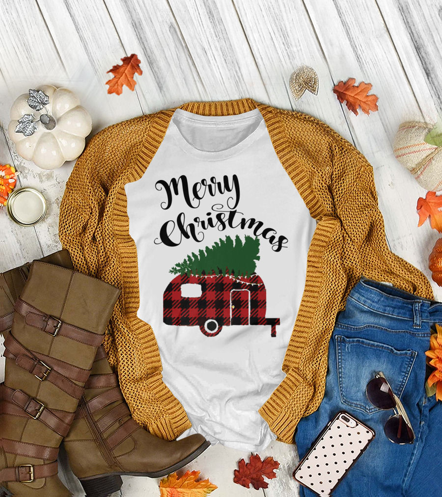 Merry Christmas Buffalo Plaid Camper with Tree T-Shirt