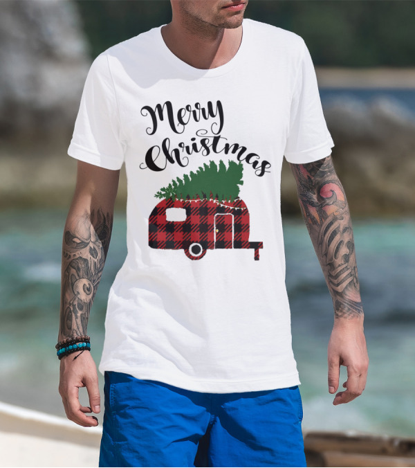 Merry Christmas Buffalo Plaid Camper With Tree T-Shirt