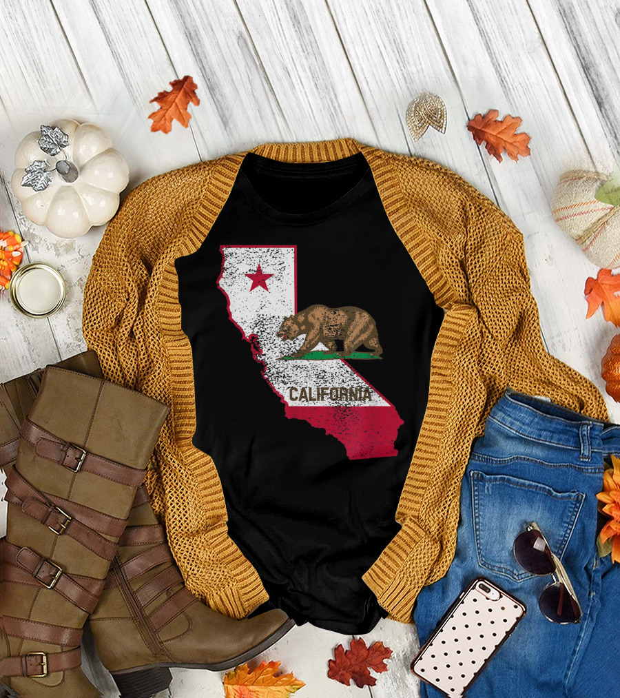 California Flag Bear and Star on State Outline T-Shirt