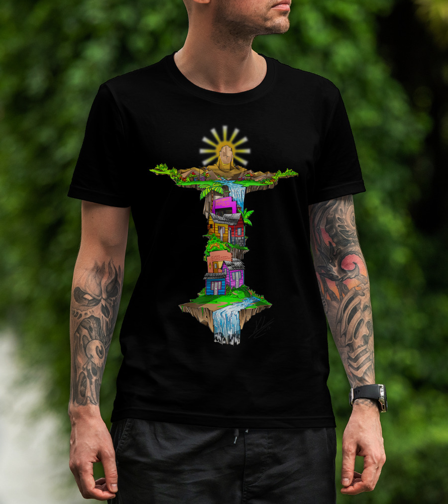 Casitas Dominicanas Brazil Cristo And Colorful Waterfall Houses T-Shirt