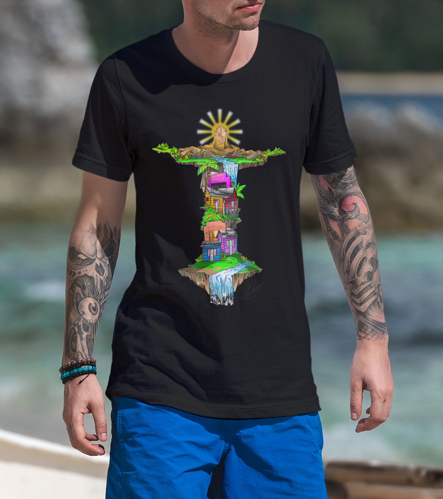 Casitas Dominicanas Brazil Cristo And Colorful Waterfall Houses T-Shirt