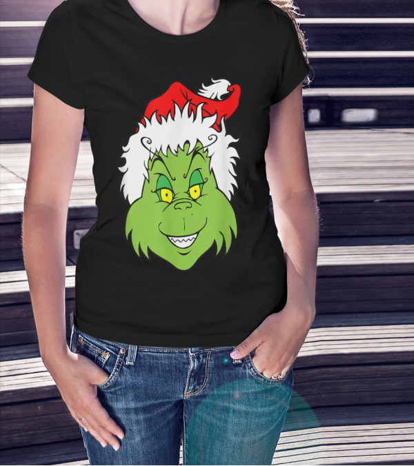 Grinch Christmas Face Santa Hat Smile T-Shirt
