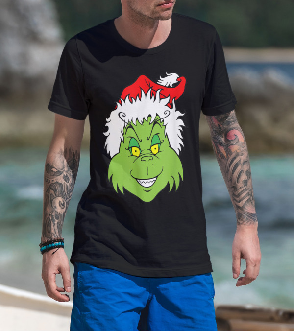 Grinch Christmas Face Santa Hat Smile T-Shirt