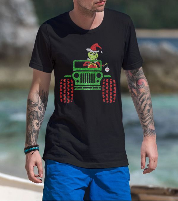 Christmas Grinch Driving Jeep Santa Hat Red Green Glitter Style Jeep T-Shirt
