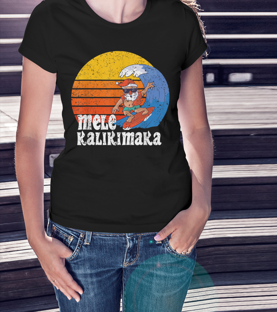 Mele Kalikimaka Surfing Santa Sunset Wave T-Shirt