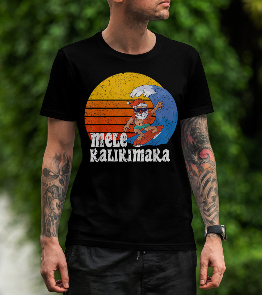 Mele Kalikimaka Surfing Santa Sunset Wave T-Shirt