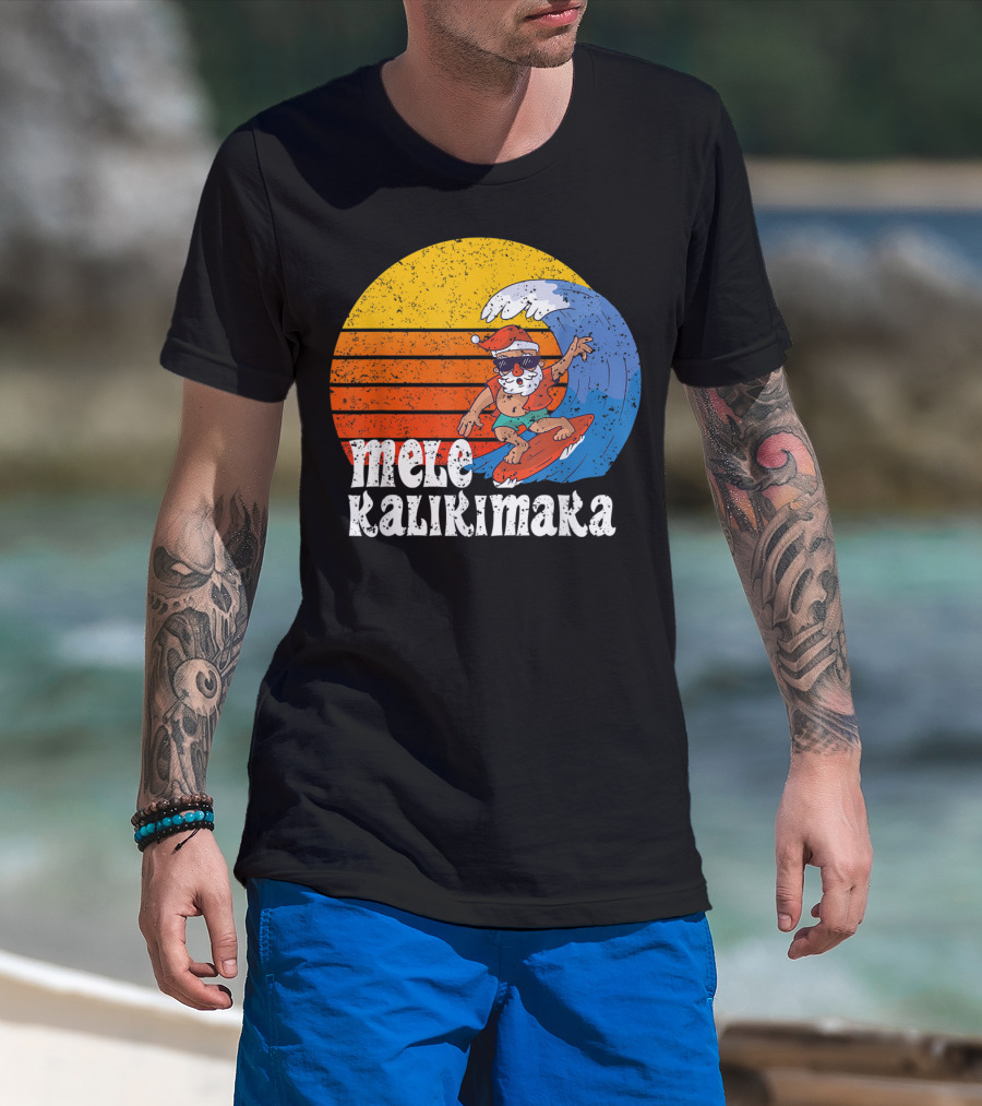 Mele Kalikimaka Surfing Santa Sunset Wave T-Shirt