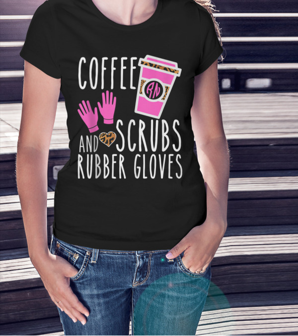 Coffee Scrubs And Rubber Gloves RN Pink Leopard Heart Nursing T-Shirt