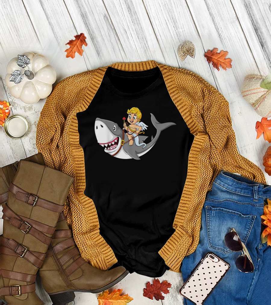 Cupid Riding Shark Valentines Day Iconic Funny Cartoon T-Shirt