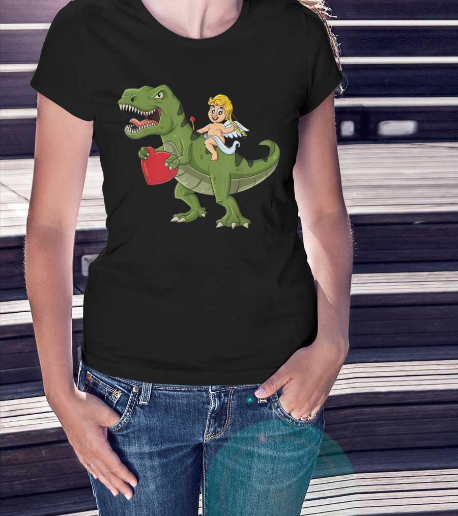 Valentine Cupid On Dinosaur With Heart And Arrow T-Shirt