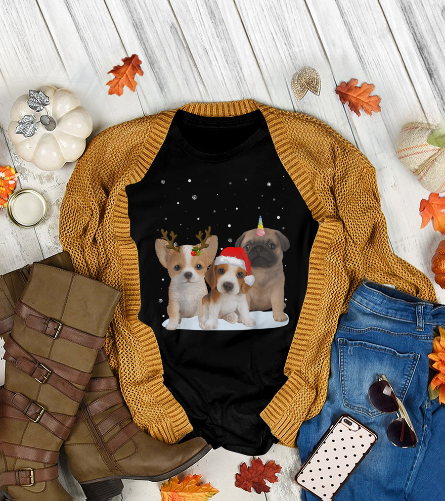 Cute Dogs Reindeer Horns Santa Hat Unicorn Snowflakes T-Shirt