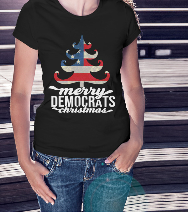 Merry Christmas Democrats Patriotic Tree USA Flag Stars T-Shirt
