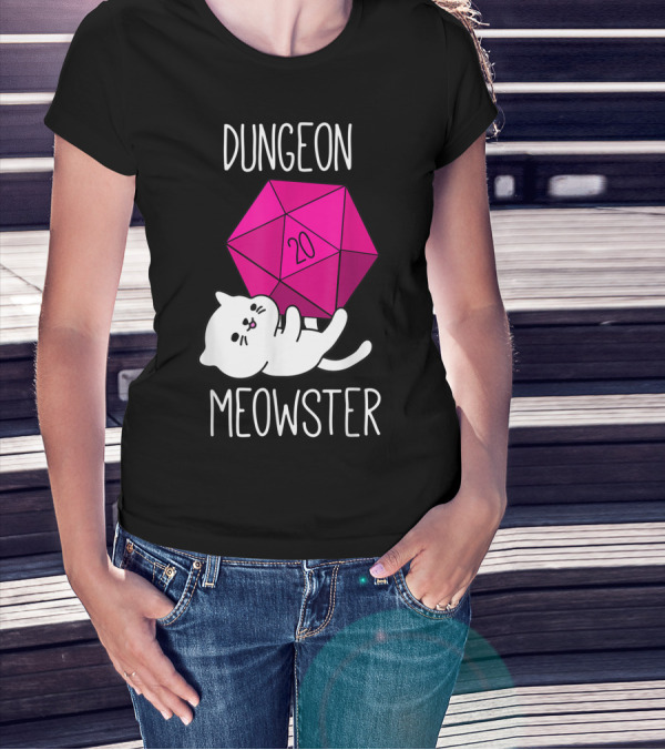 Dungeon Meowster Funny Nerdy Cat D20 Dice T-Shirt