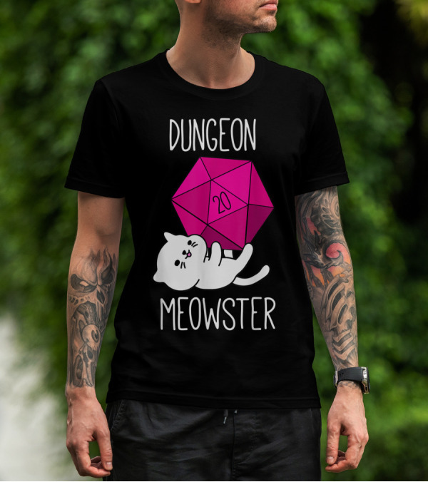 Dungeon Meowster Funny Nerdy Cat D20 Dice T-Shirt