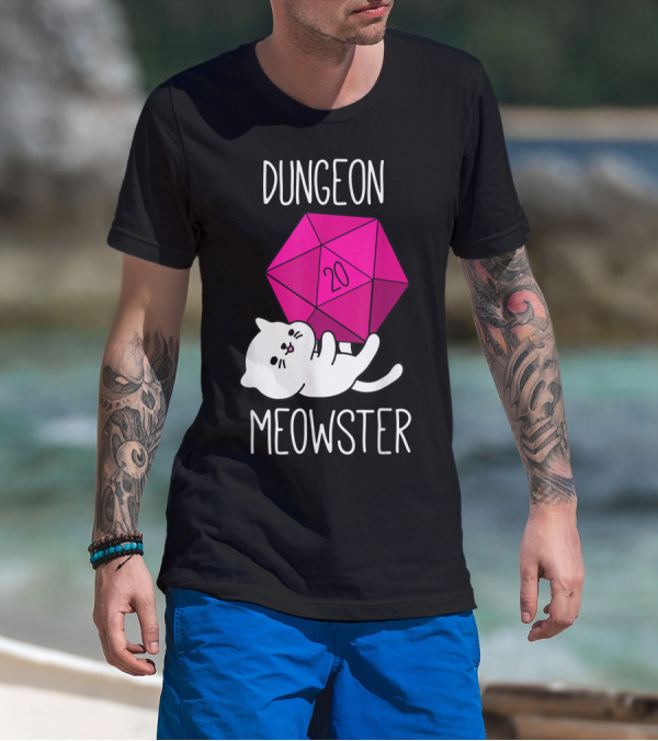 Dungeon Meowster Funny Nerdy Cat D20 Dice T-Shirt