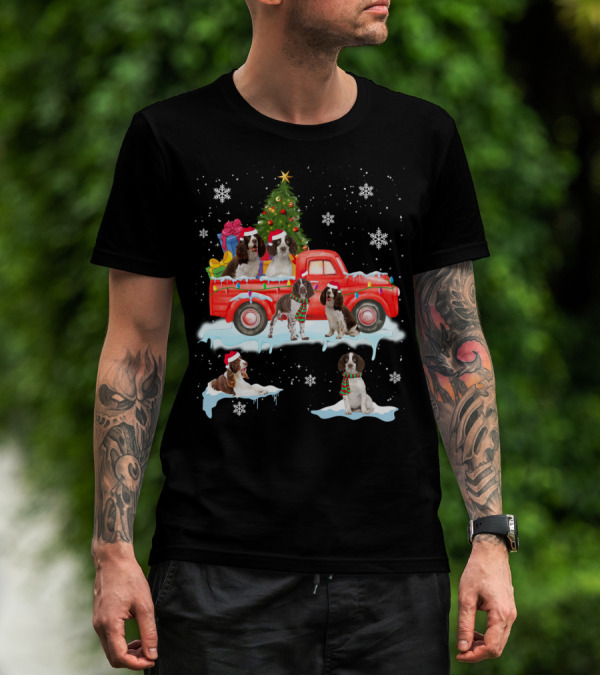 English Springer Spaniel Christmas Scene With Santa Hats On Red Truck And Snowflakes T-Shirt