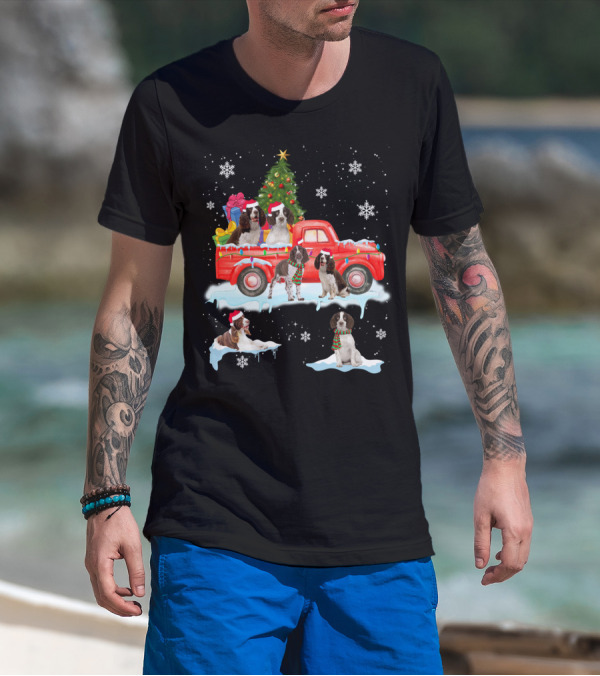 English Springer Spaniel Christmas Scene With Santa Hats On Red Truck And Snowflakes T-Shirt