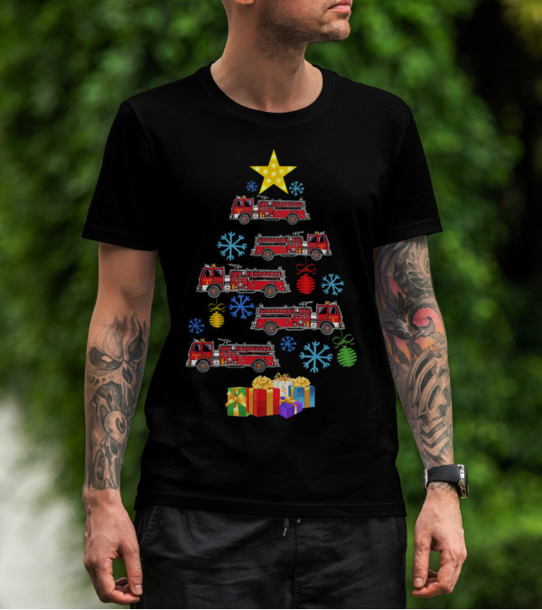 Firetruck Christmas Tree Xmas Firefighter Gifts Snowflakes Star T-Shirt