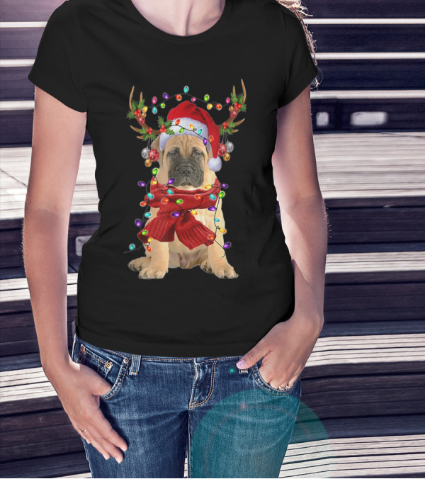 Festive Bull Mastiff Reindeer Lights Christmas Dog T-Shirt