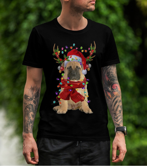 Festive Bull Mastiff Reindeer Lights Christmas Dog T-Shirt