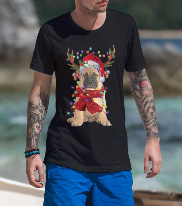 Festive Bull Mastiff Reindeer Lights Christmas Dog T-Shirt