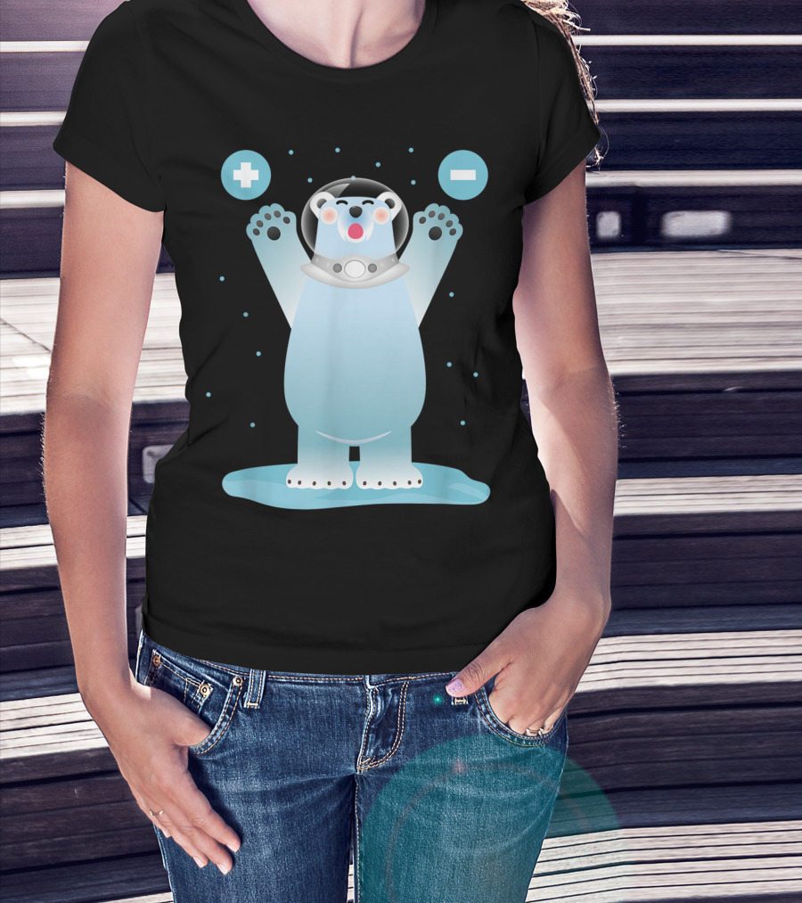 Funny Polar Bear In Space Helmet With Plus And Minus Chemistry Symbols T-Shirt