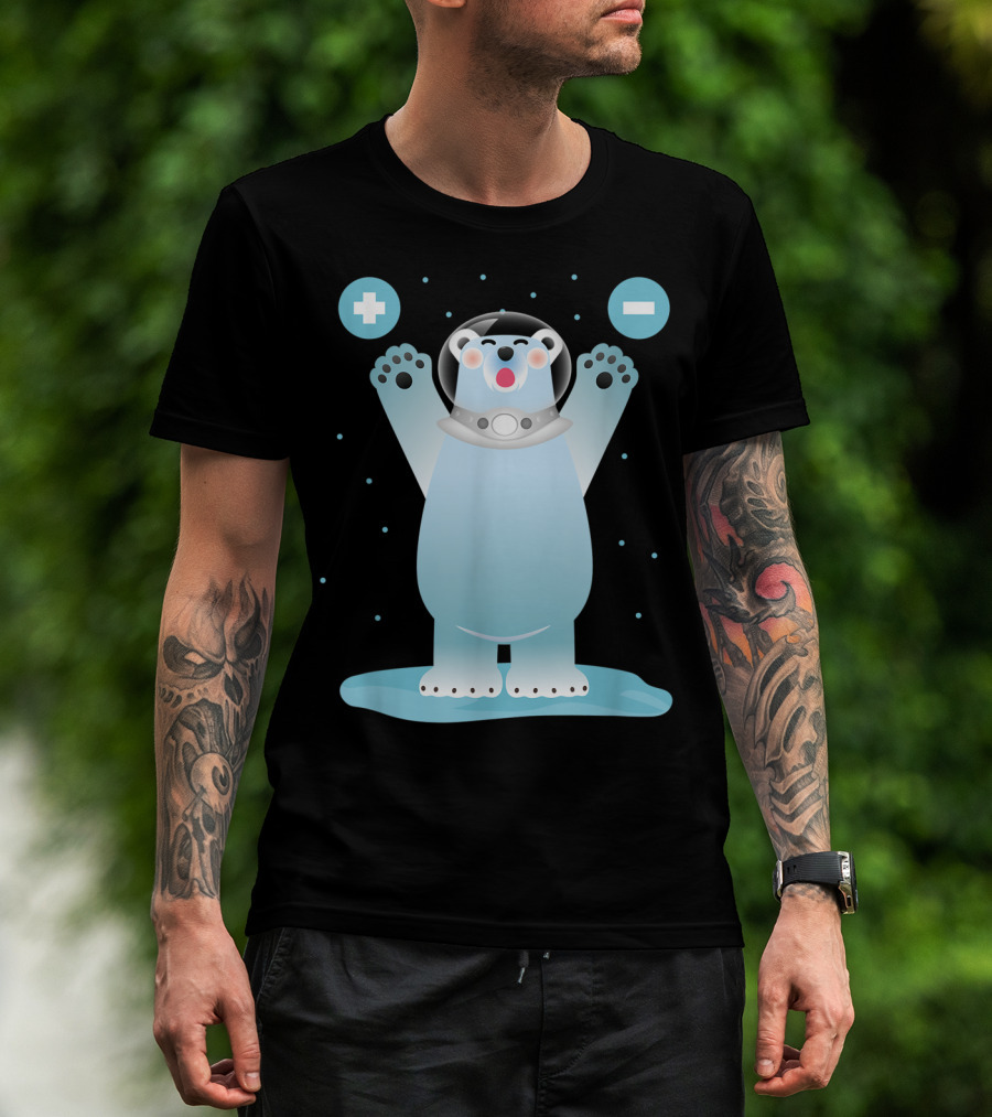 Funny Polar Bear In Space Helmet With Plus And Minus Chemistry Symbols T-Shirt