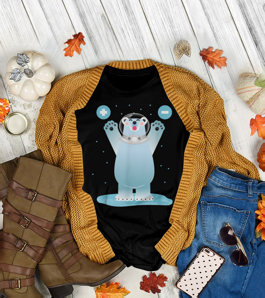 Funny Polar Bear in Space Helmet with Plus and Minus Chemistry Symbols T-Shirt