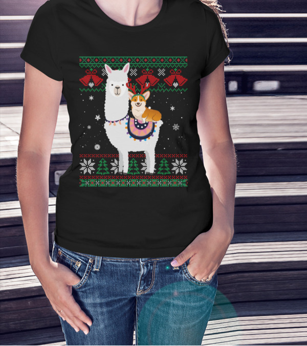 Christmas Corgi Riding Llama With Snowflakes And Reindeer Antlers T-Shirt
