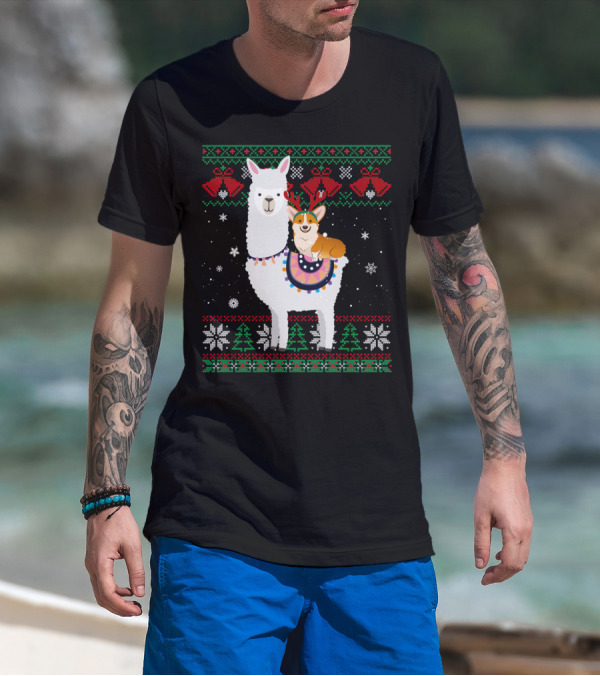 Christmas Corgi Riding Llama With Snowflakes And Reindeer Antlers T-Shirt