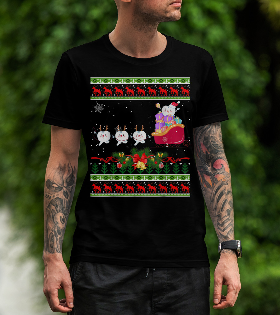 Funny Christmas Tree Dental Snowmen In Santa's Sleigh T-Shirt