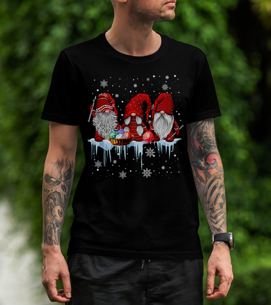 Hanging With Red Gnomies Crochet Funny Gnome Snowflakes And Yarn On Ice T-Shirt