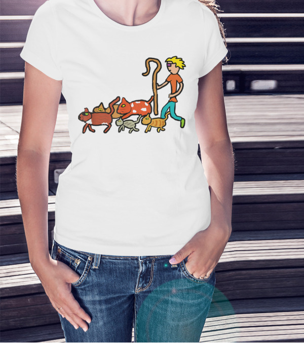 Herding Cats Cartoon Shepherd With Colorful Cats Scene T-Shirt