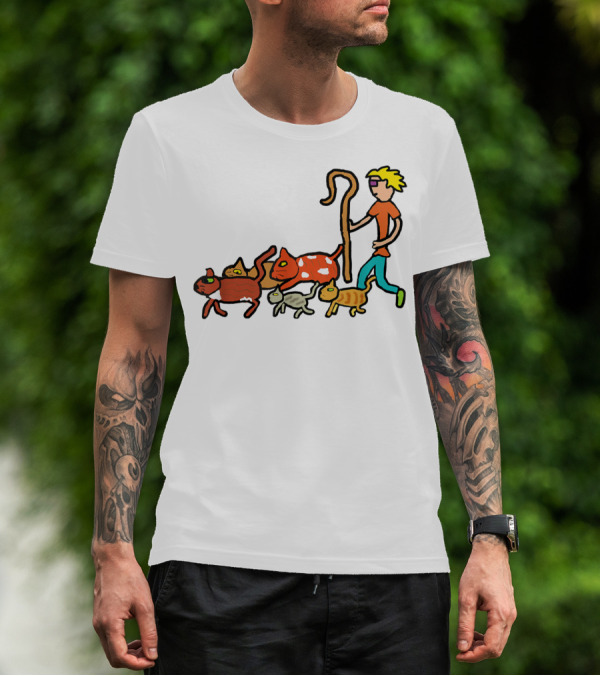 Herding Cats Cartoon Shepherd With Colorful Cats Scene T-Shirt