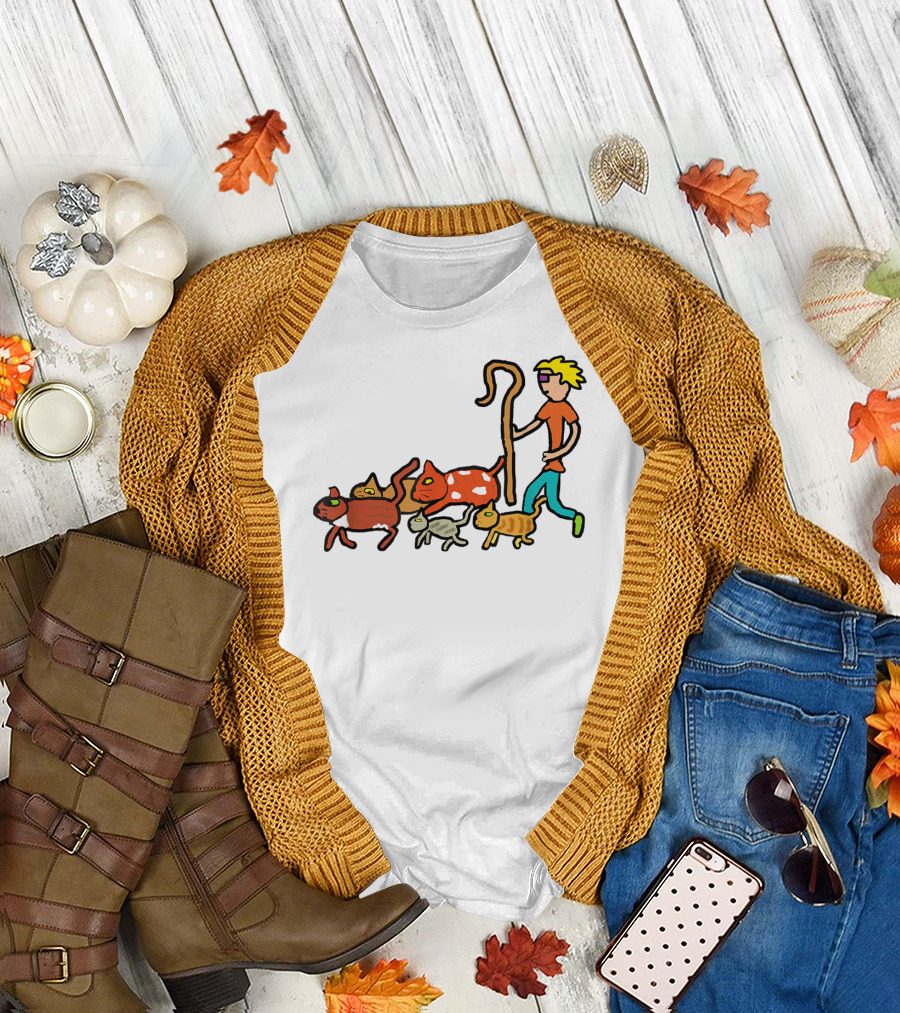 Herding Cats Cartoon Shepherd with Colorful Cats Scene T-Shirt