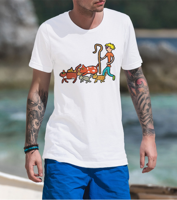 Herding Cats Cartoon Shepherd With Colorful Cats Scene T-Shirt