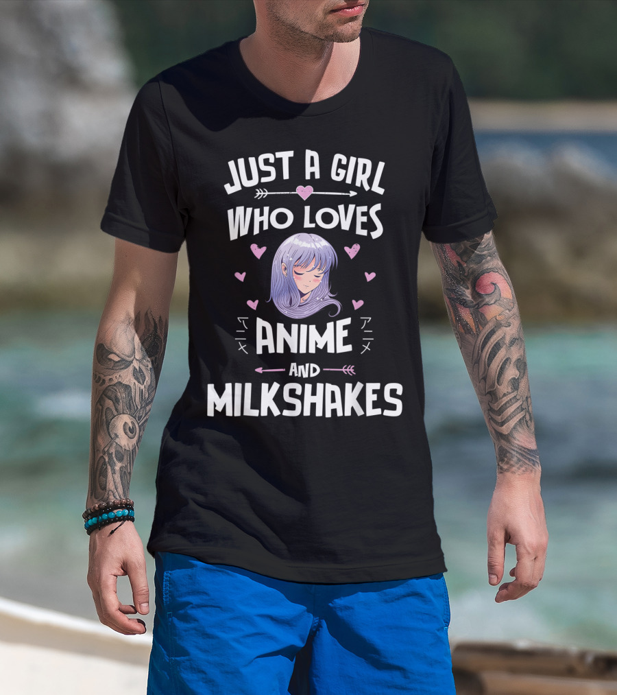 Just A Girl Who Loves Anime And Milkshakes With Purple Hair And Hearts T-Shirt