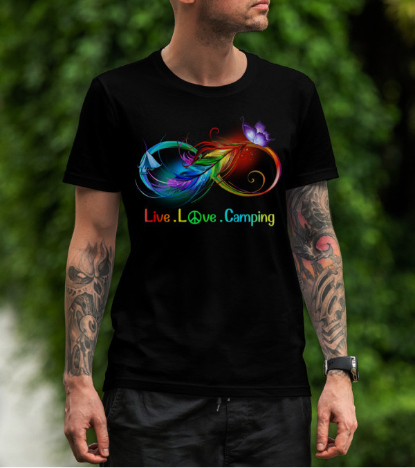 Live Love Camping Hippie Peace Infinity Rainbow Feather Tent Butterfly T-Shirt