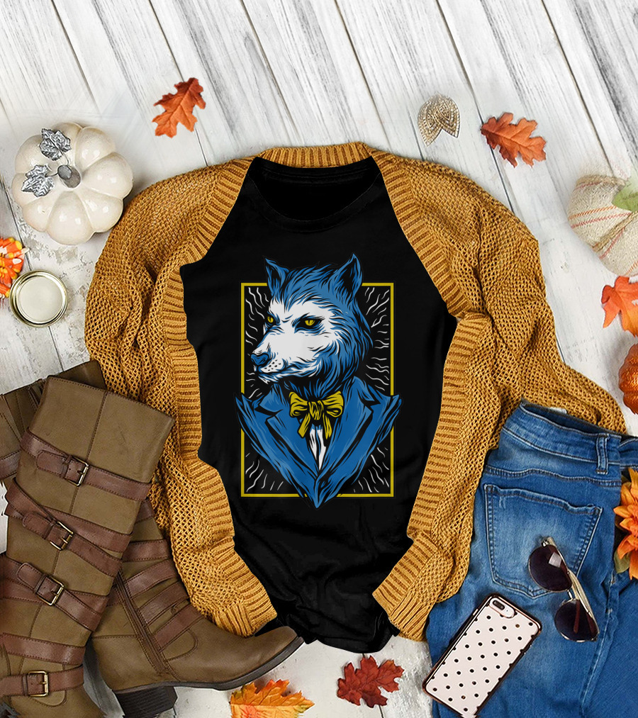 Mafia Don Dire Wolf Anthro in Suit with Yellow Bow Tie T-Shirt