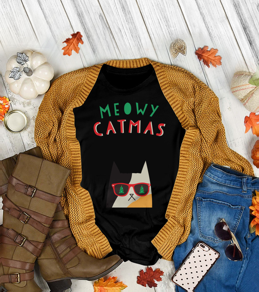 Meowy Catmas Christmas Calico Cat with Sunglasses and Trees T-Shirt