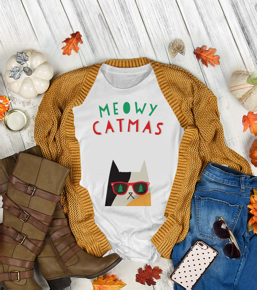 Meowy Catmas Christmas Calico Cat with Sunglasses and Trees T-Shirt