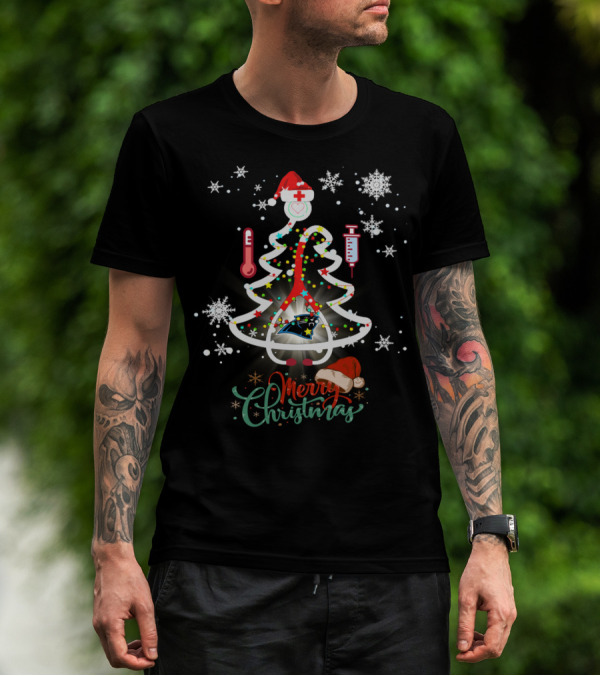 Merry Christmas Carolina Panthers Nurse Football Tree T-Shirt