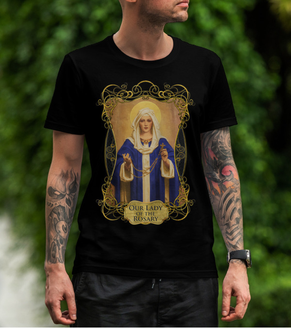 Our Lady Of The Rosary Catholic Prayer Blessed Virgin Mary Icon With Rosary Beads And Cross T-Shirt