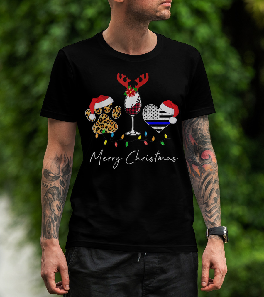 Red Plaid Wine Glass Leopard Dog Paw Blue Line Heart Merry Christmas T-Shirt