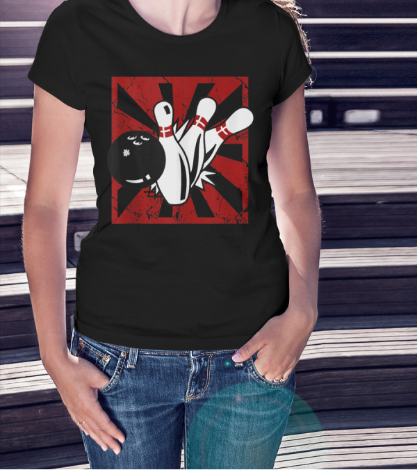 Retro Vintage Bowling Funny Striking Bowler Bowl Pins Explosion T-Shirt